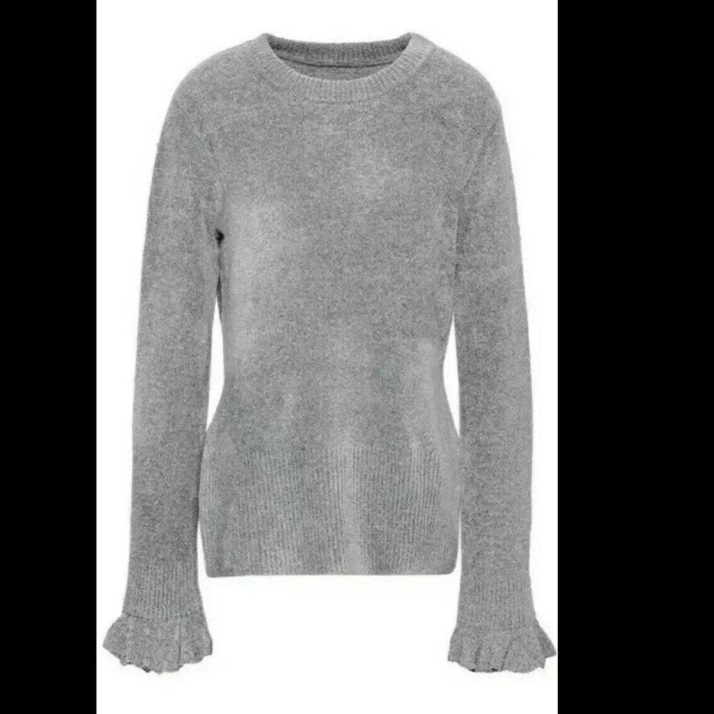 Elie Tahari Sweater Womens Medium Gray Embla Knit Ruffled Sleeves